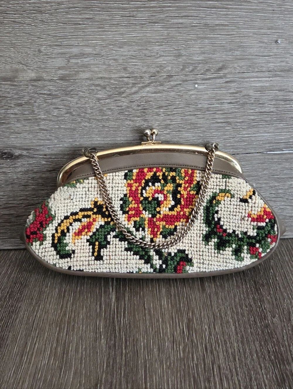 Vintage Petite Needlepoint & Gold Trim Purse Floral Women's Wallet Bag 9.5" x 5"